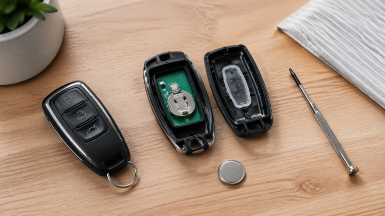 Hands holding a Subaru key fob opened to show the coin cell battery and plastic clips