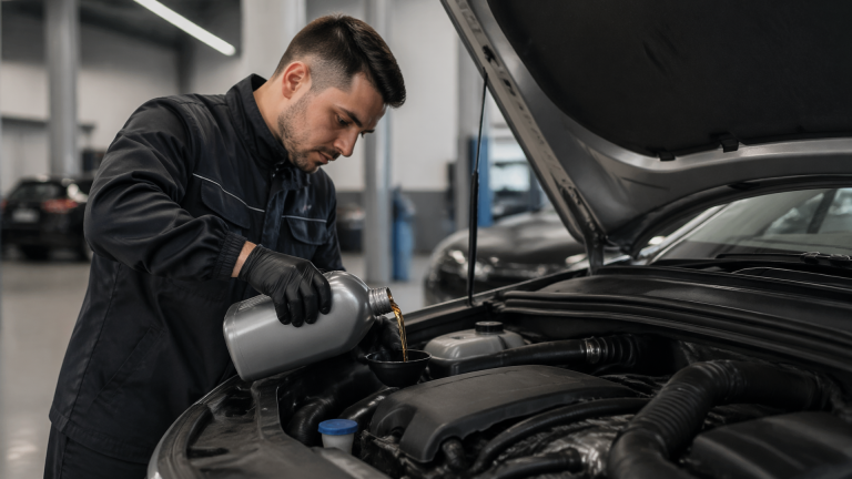 Open hood of a Kia with a technician checking the engine oil dipstick beside labeled oil containers