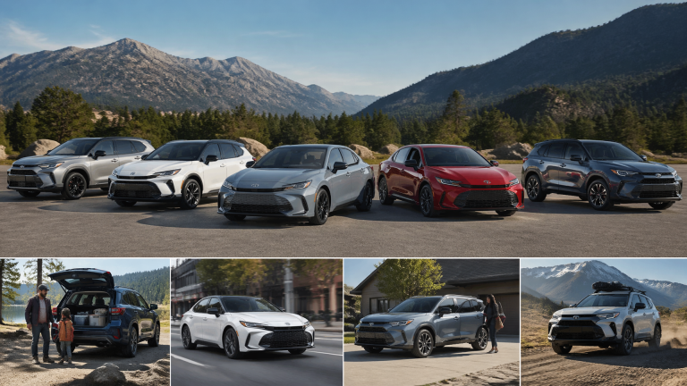Lineup of Toyota vehicles parked side by side including sedans, SUVs, and a pickup under daylight
