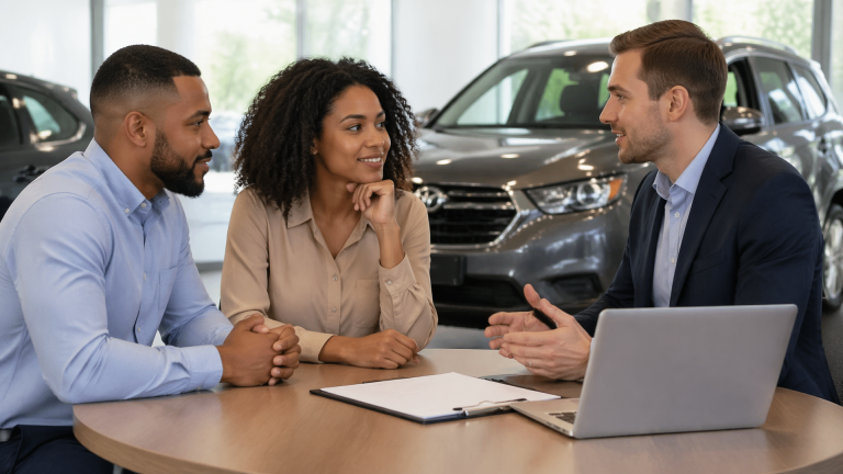 Person inspecting a new Toyota sedan at a dealership lot with a salesperson in the background