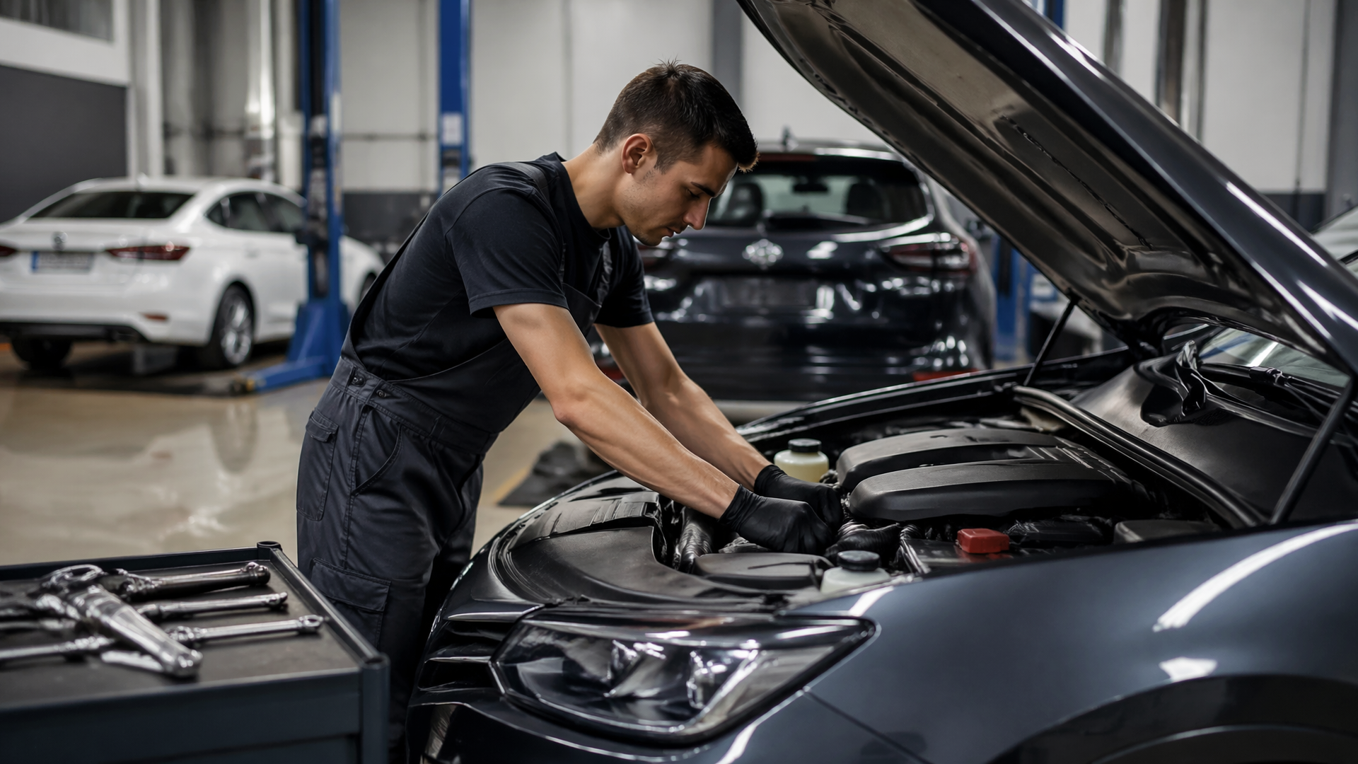 Technician inspecting a Toyota engine bay with tools on a shop cart during routine maintenance