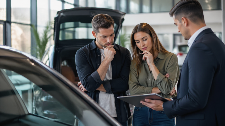 Several Toyota vehicles lined up at a dealership lot with many empty parking spaces