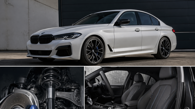 Rear three-quarter view of a BMW with M Sport styling, including sporty bumpers, larger wheels, and lowered stance