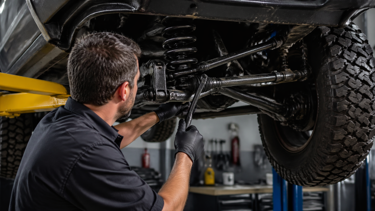 Front end of a Ford truck on a lift with a mechanic inspecting the suspension and steering components
