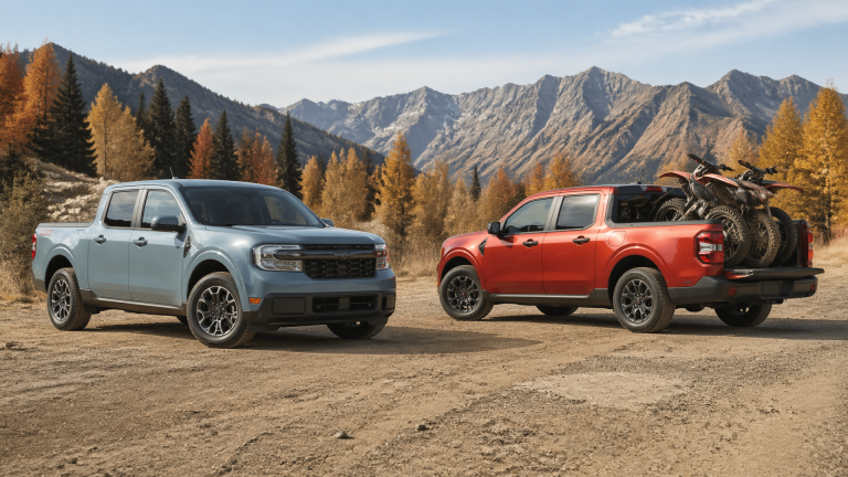 Front three-quarter view of a Ford Maverick on a road, showcasing its compact pickup profile