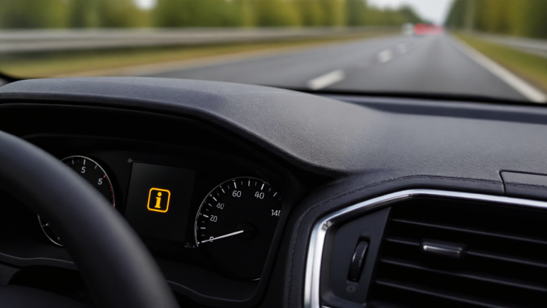Subaru dashboard showing illuminated orange i light near EyeSight camera area, instrument cluster visible