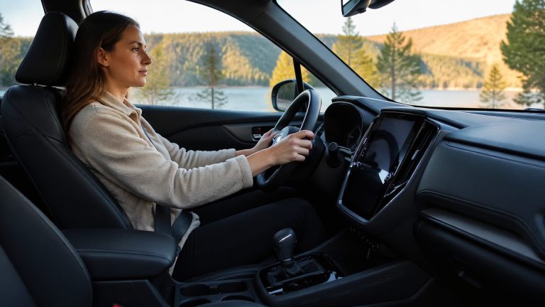 Subaru Forester parked at a stop with driver engaging the Auto Vehicle Hold feature on the center console