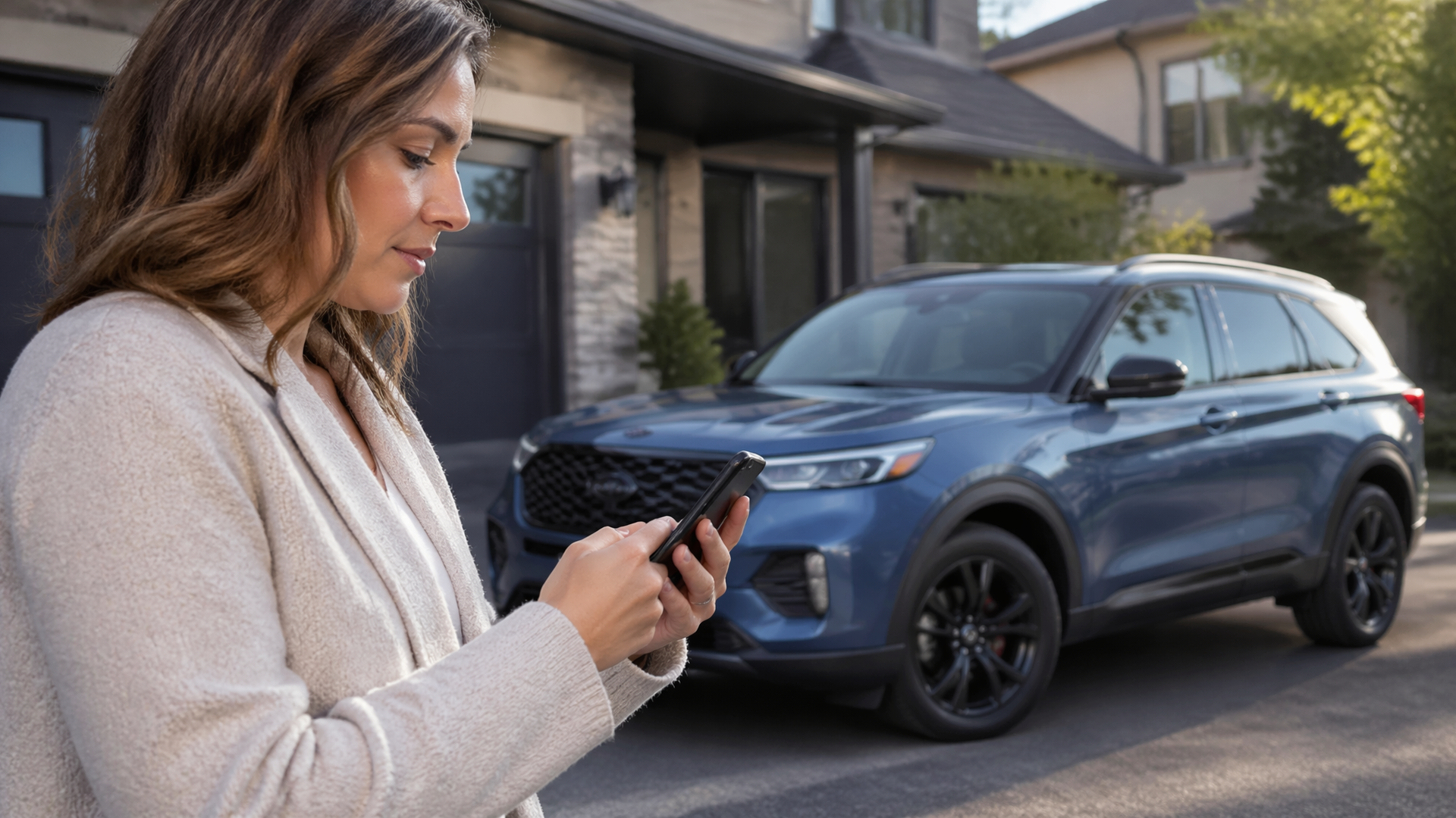Smartphone displaying the FordPass app next to a parked Ford vehicle, showing remote controls and status info