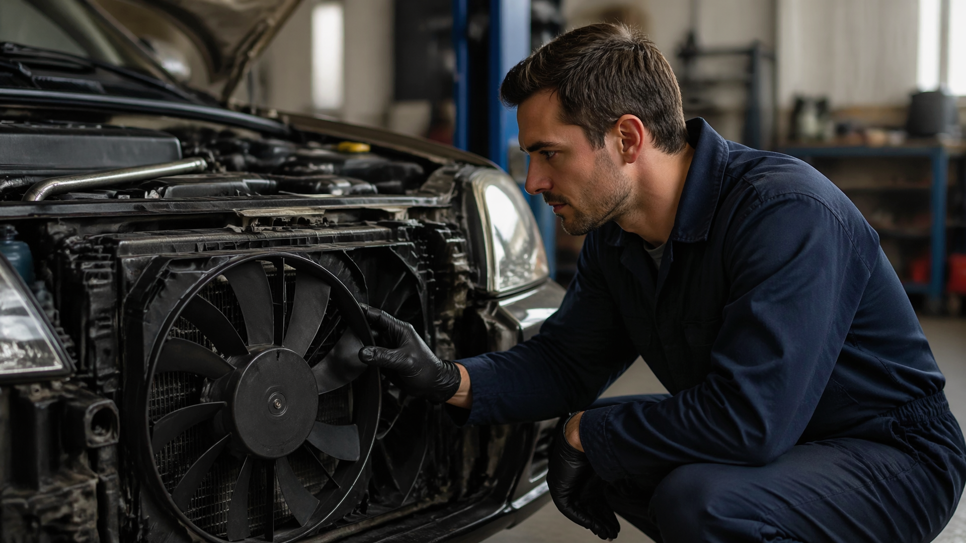 Honda engine bay showing a radiator cooling fan running beside the radiator and wiring harness