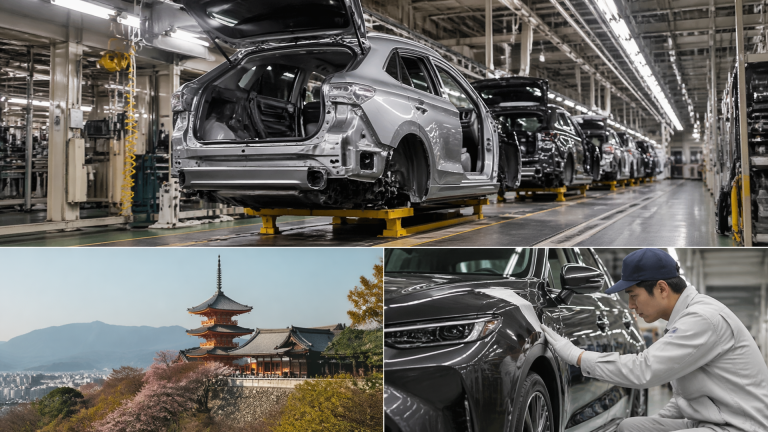 Front three-quarter view of a Lexus RX 350 parked outside a modern automotive plant