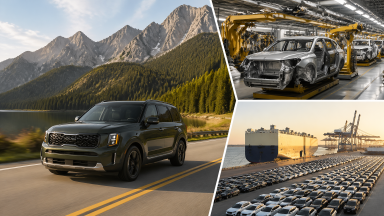 Exterior view of Kia manufacturing plant with assembly line buildings and parked vehicles under clear sky