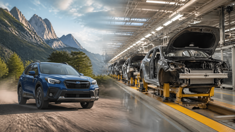 Exterior view of Subaru of Indiana Automotive plant with assembly line buildings and company logo