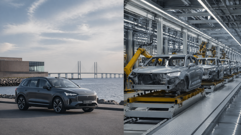 Volvo factory buildings and assembly lines with cars being manufactured and workers inspecting vehicles