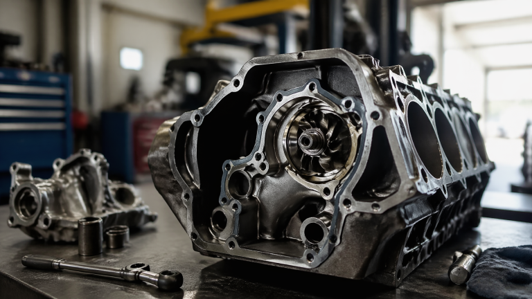 Close-up of a Ford engine bay showing the engine block and integrated internal water pump components
