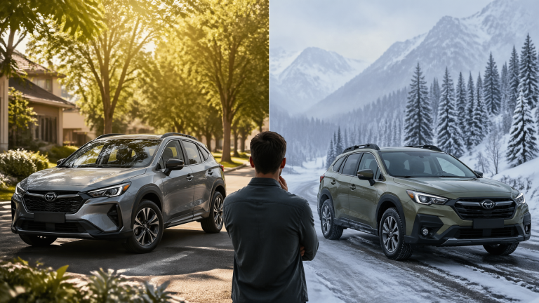 Two parked cars side by side on a wet mountain road, one Toyota and one Subaru, with overcast sky
