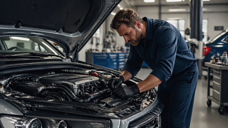 Silver Volvo parked in a garage with a mechanic inspecting the engine bay