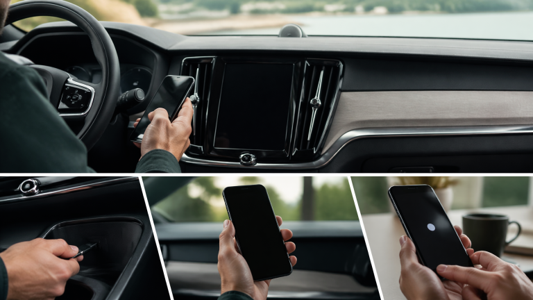 Volvo interior dashboard showing infotainment screen with Apple CarPlay icons and a connected iPhone