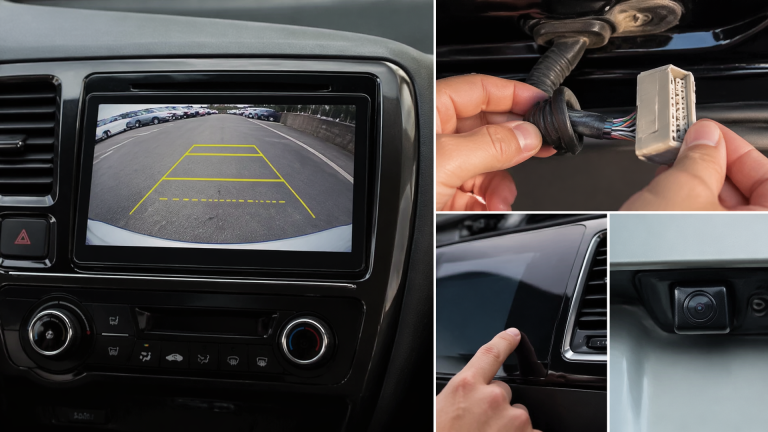 Rearview camera lens on a Honda vehicle near the trunk with wiring visible